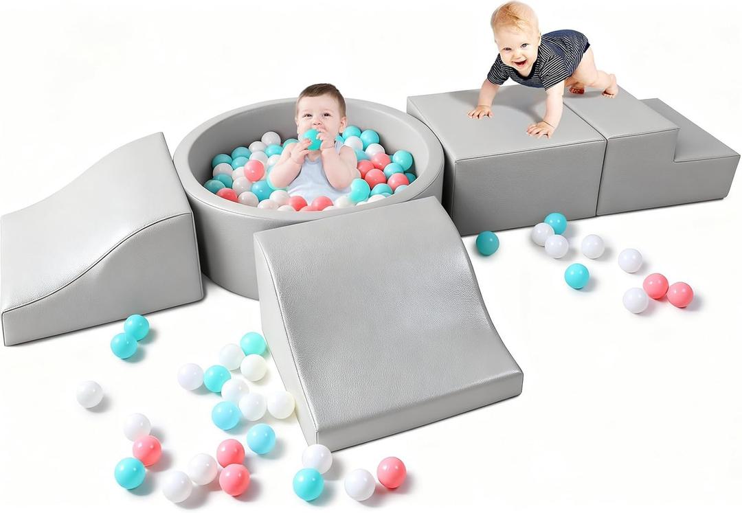 Hoohtoot Foam Climbing Blocks for Toddler: with 4-Piece PU Leather Climbing Toys and a Ball Pit - Foam Ball Pit for Toddlers - Climbing Toys Indoor for Kids Crawling, Medium, Small