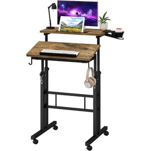 Klvied Rolling Mobile Desk with Cup Holder, Portable, Adjustable Height Small Stand up Desk on Wheels for Home Office Laptop Cart, Computer, Standing or Sitting, Oak