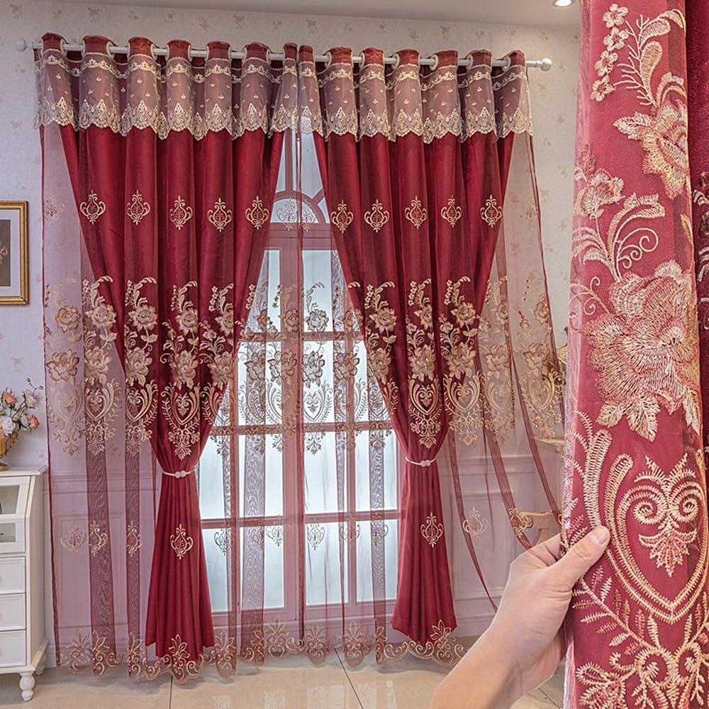 Amidoudou 1 Pair European Double Layer Curtains with Valance for Living Room Bedroom Luxury Embroidered Curtains (Red,51x84 Inch)