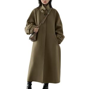 chouyatou Women's Winter Hidden Single Breasted Wool Coat Raglan Sleeve Business Long Wool Overcoat (XX-Large, Dark Khaki)