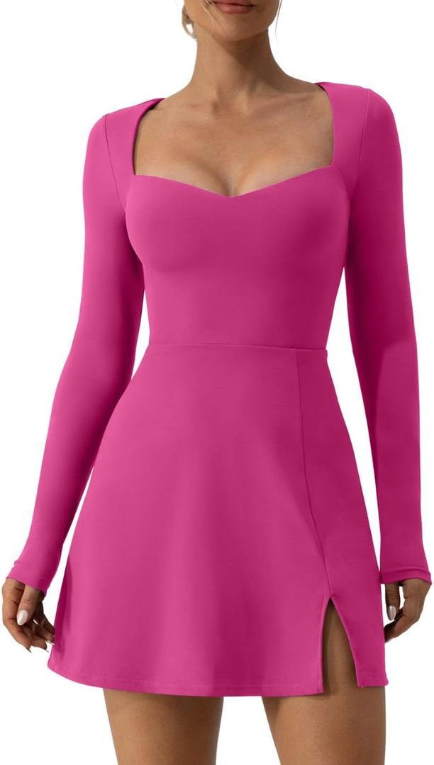 QINSEN Women's Sweettheart Neckline Long Sleeve Dress Side Slit Stretch Flare Mini Dress (Medium, Cabaret)
