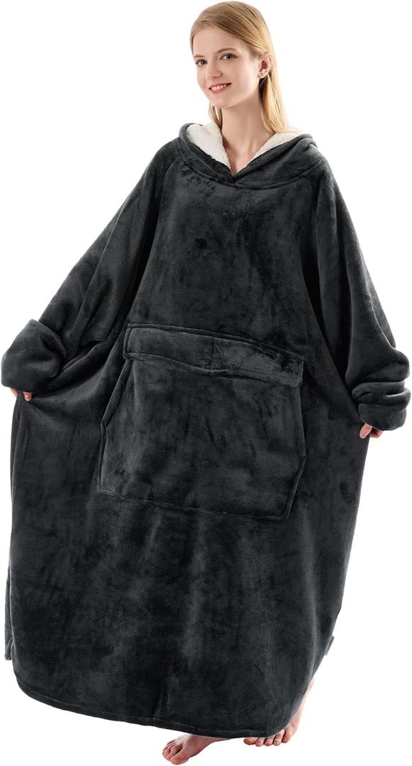 Krifey Big & Tall Wearable Blanket Hoodie with Cat Pocket, Extra Long Oversized Fleece Blanket for Adults, Cozy Birthday Gifts, Christmas Gifts (Dark Gray)