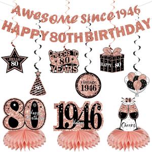 Kuxriox 11Pcs 80th Birthday Decorations Kit for Women, Rose Gold Happy 80th Birthday Banner, Awesome Since 1946 Centerpieces Swirls Party Supplies, Eighty Bday Banner Ceiling Table Topper Sign