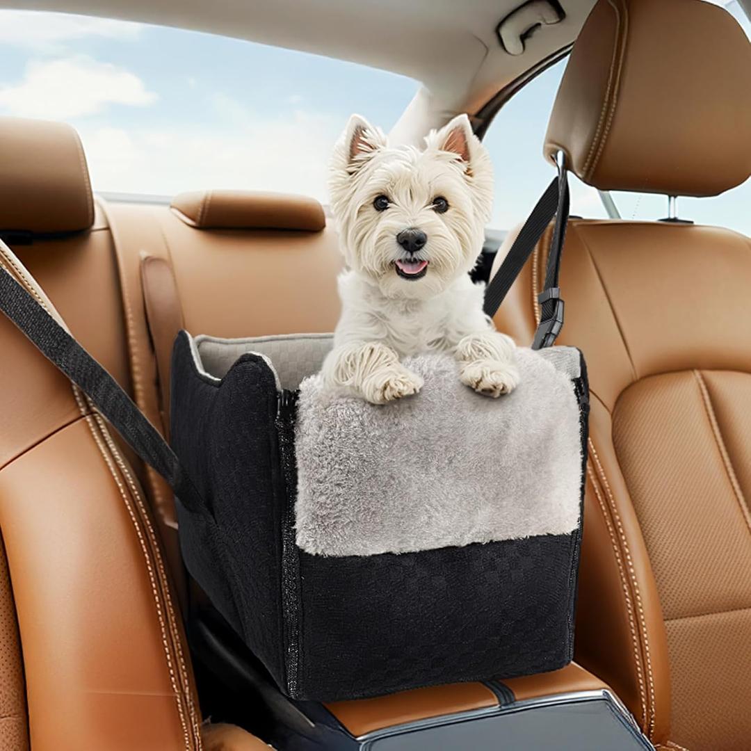 Center Console Dog Car Seat for Small Dogs- Anti-Collapse Design with Soft Plush & Sturdy Support Board, Adjustable Safety Leash for Small Dogs & Cats up to 15 lbs