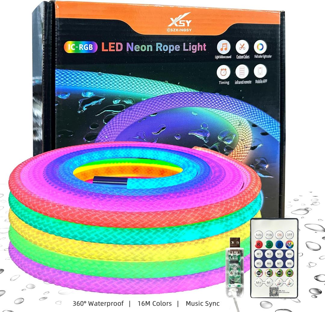 16.4ft LED Neon Rope Lights, Waterproof Music Sync Strip Lights with Remote & APP Control, USB-Powered Flexible Lighting for Christmas Halloween Decor, Gaming Room Bedroom Indoor Outdoor Decoration