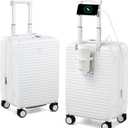 Hard Shell Suitcases Airline Approved 20 Inch Carry on Luggage, Expandable Travel Luggage Carry on Luggage with Cup Holder Charger Built in, Lightweight Small Suitcases with Wheels, White