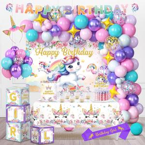 Unicorn Birthday Decorations, Unicorn Rainbow Balloon Arch Decorations Kit with Happy Birthday Banner, Dreamy Cake Topper, Tablecloth and Headband for Girl Party Supplies