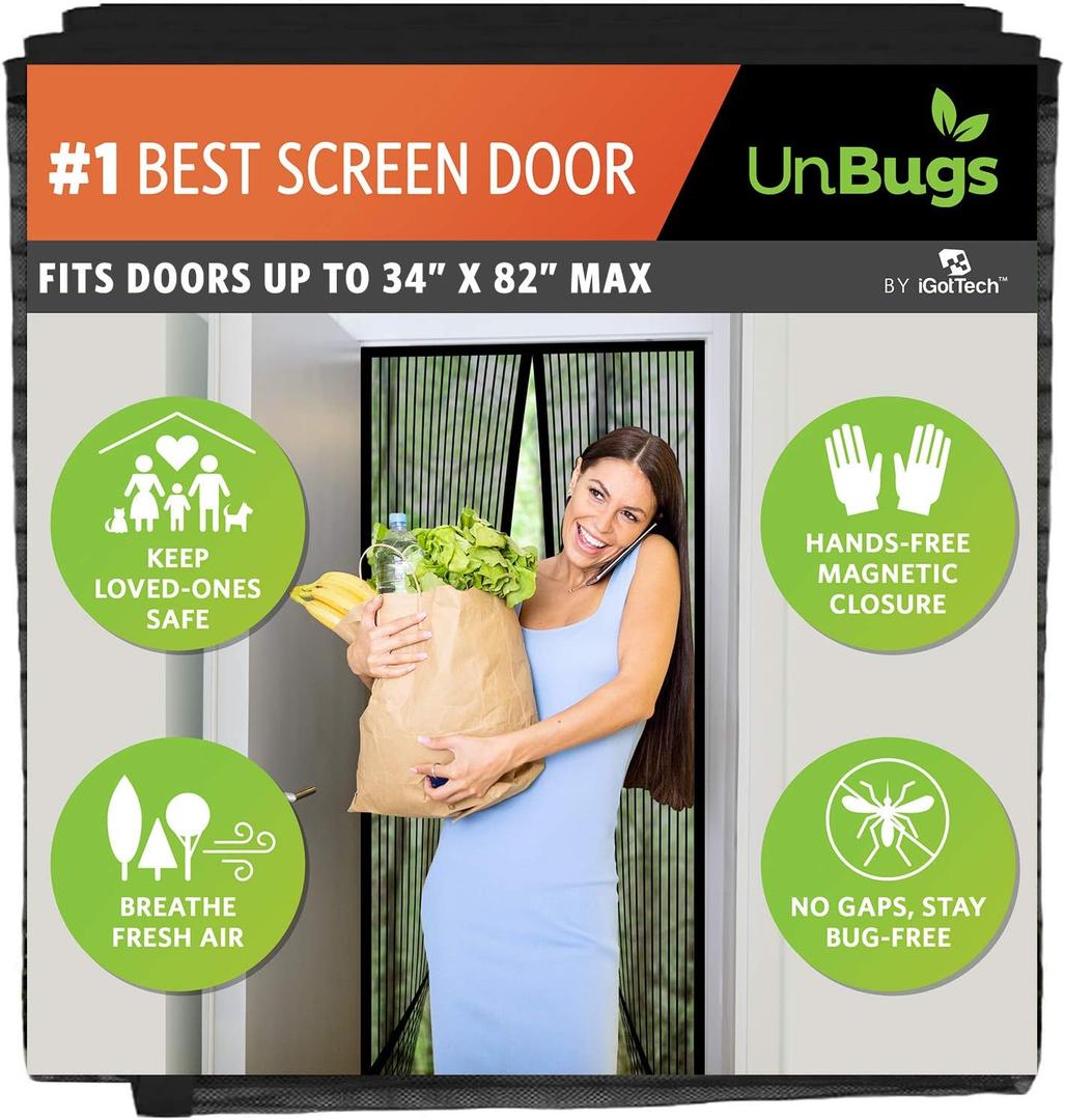 UnBugs Magnetic Screen Door - Fits Doors up to 34 x 82 Inches Max (Item Size 36 x 83) - Pet & Kid Friendly Self-Closing - Hands Free Magnet Closure - Bugs Out & Breeze In