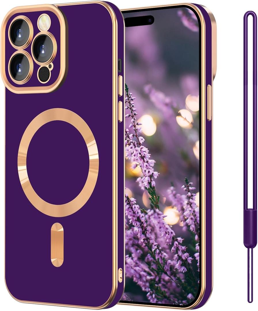 iPhone 15 Pro Max Case, iPhone 15 Pro Max Phone Case[Compatible with MagSafe] Magnetic Slim Thin Lanyard Wrist Strap Plating Shockproof Protective Cover for iPhone 15 Pro Max, Midnight Purple