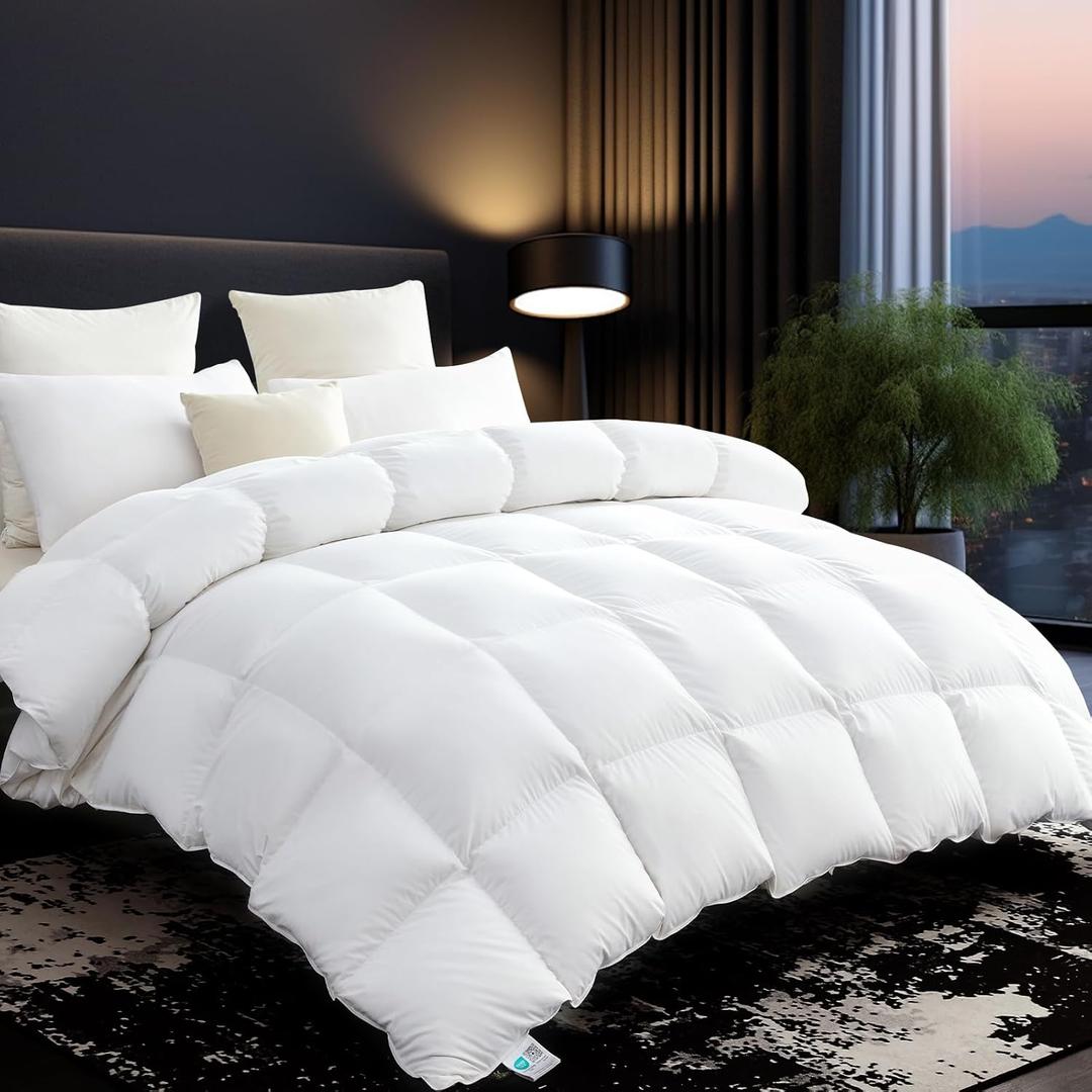 L LOVSOUL Goose Down Fiber Comforter King Size, High Fill Power Hotel Style Bedding Comforter, Fluffy Ultra Soft All Season White Duvet Insert with 8 Corner Tabs