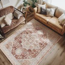 jinchan Area Rug 6x9 Floral Brick Red Rug Distressed Thin Rug