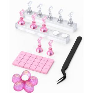 Nail Stand for Press On Nails  2 Set Acrylic Nail Holders for Nail Art Practice, 10 Nail Stands, 60Pcs Reusable Putty, Flower Shaped Base & Tweezers, Nail Art Tool Kit for Salon & Home