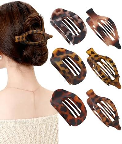 AWAYTR Flat Hair Clips For Women Lay Flat Claw Clip for Hair 6Pcs Large Hair Claw Clips for Driving Yoga (Leopard Series)