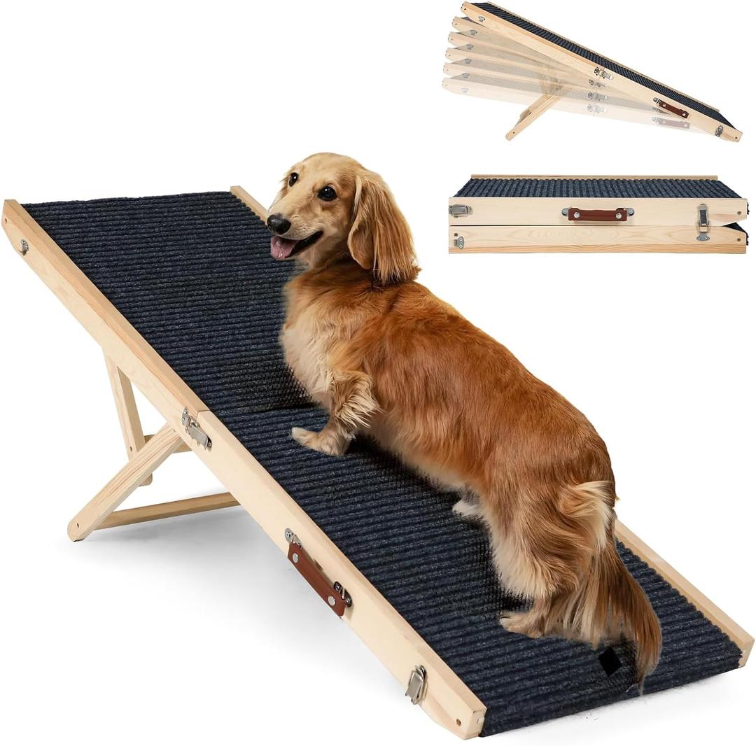Folding Dog Ramp Safety, Wooden Adjustable Height Pet Ramps, Potable Dog Steps with Non-Slip Traction Mat, Dog Step for Bed, Dogs Stairs for SUV Car, Couch, Safe, Height Bed (55.12 Inch Long)