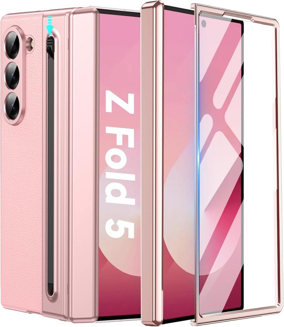 Case for Samsung Galaxy Z Fold 5 with Screen Protector ＆ Hinge Protection,Slim Fit Leather Protective Phone Cover with Writing Pen ＆S Pen Holder for Galaxy Z Fold 5,Pink