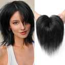 REECHO Human Hair Toppers - 6 Inch Toppers for Thin Hair, Real Human Hair Top Hair Extensions with Bangs, Clip In Wig - Natural Black