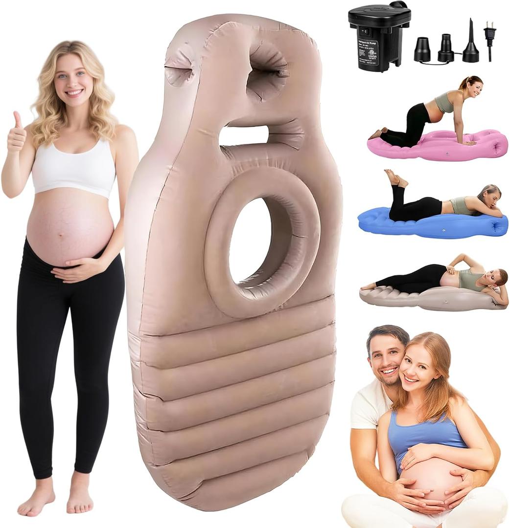 Inflatable Pregnancy Sleep Pillow: for Stomach Sleeping Full Body Mattress with Belly Hole Maternity Airbed for Pregnant Women Pregnancy Rest,Back & Hip Pressure Relief (Khaki)