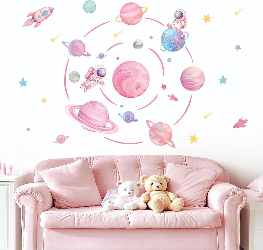 Pastel Pink Planet Orbits Wall Decals, Fantasy Outer Space Themed Wall Stickers with Rocket Astronaut and Stars for Kid's Bedroom, Nursery, Playoom, Peel and Stick Reusable