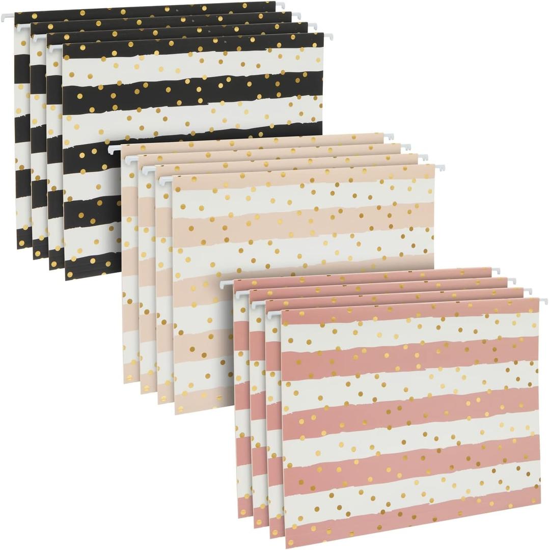 Paper Junkie 12 Pack Striped Decorative Hanging File Folders with 1/5 Tab for File Cabinet Featuring Gold Foil Dots in 3 Colors (11.75 x 9 in)