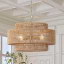 17.7"Large Boho Rattan Farmhouse Chandeliers for Dining Room,4-Light Rattan Hand-Woven Rustic Drum Chandelier Pendant Light Fixture for Kitchen Island Bedroom Living Room Entryway Foyer(Brown)
