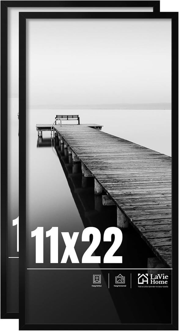 LaVie Home 11x22 Picture Frame 2 pack, Display Pictures 11 x 22 Poster Frame, 11x22 Black Photo Frame with HD Plexiglass, Display Frame for Vertical or Horizontal, Classic Collection
