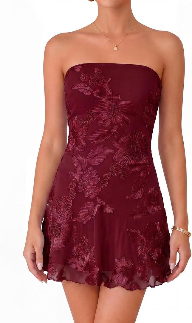 Memoriesea Women's Strapless Floral Mini Dress Mesh Cocktail Party Homecoming Dresses (Red, XL)