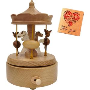 Briskfeel Wooden Carousel Music Box with Moving & Elevating Horses, Rotating Wind-Up Decor, Collectible Mechanical Musical Box, Timeless Gift