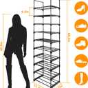 10 Tiers Free Standing Shoe Rack | 20-24 Pairs Shoes Storage Organizer | Stackable Metal Shoe Shelf with Hooks | Space Saving Narrow Shoe Rack for Entryway, Closet, Bedroom, Corner | Black