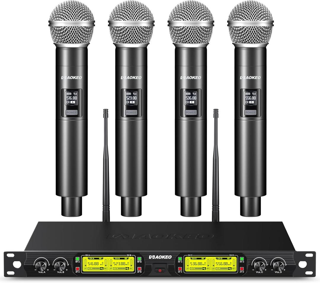Aokeo Wireless Microphones System, 4 Channel UHF Wireless Mics,with 4 Handheld Dynamic Microphones,Metal Receiver for Karaoke,Singing,Wedding,Party,Speech,Church (V400)