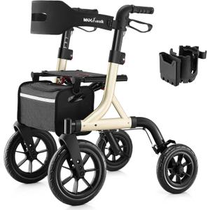 MAXWALK Walkers for Seniors, Rollator Walker with Seat, 12" Big Rubber Wheels All Terrain Rollator Walker with Backrest, Built-in Cable, Cup Holder, Foldable and Height Adjustment for Seniors, Gold