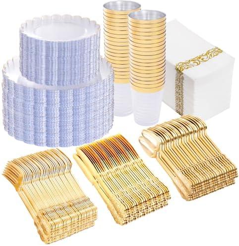 LIYH 350 Pcs Clear and Gold Plastic Disposable Dinnerware Set - Plastic Gold Scalloped Plates Include Disposable Dinner & Dessert Plates Silverware, Cups Napkins for Birthday Bridal Wedding