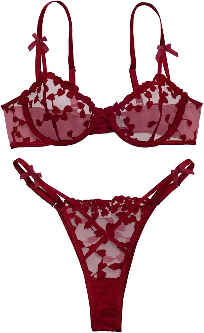Lilosy Sexy Underwire Cute Push Up Strappy Embroidered Mesh Sheer Lingerie Set See Through Panty Bra (Red, M)