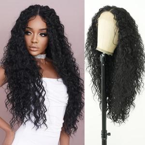 Kinky Curly Black Synthetic Glueless Lace Front Wigs 13x4 T Part Water Wave Transparent Pre Plucked Hd Lace Front Glueless Wig Wet and Deep Wave Wig for Black Women 30 Inch