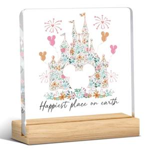 Vintage Magic Kingdom Decor, Princess Castle Decoration, Magical Castle Floral Decorations, Mouse And Friends Decor, Family Vacation Decoration Family Trip Spring Acrylic Office Desk Decorative Sign