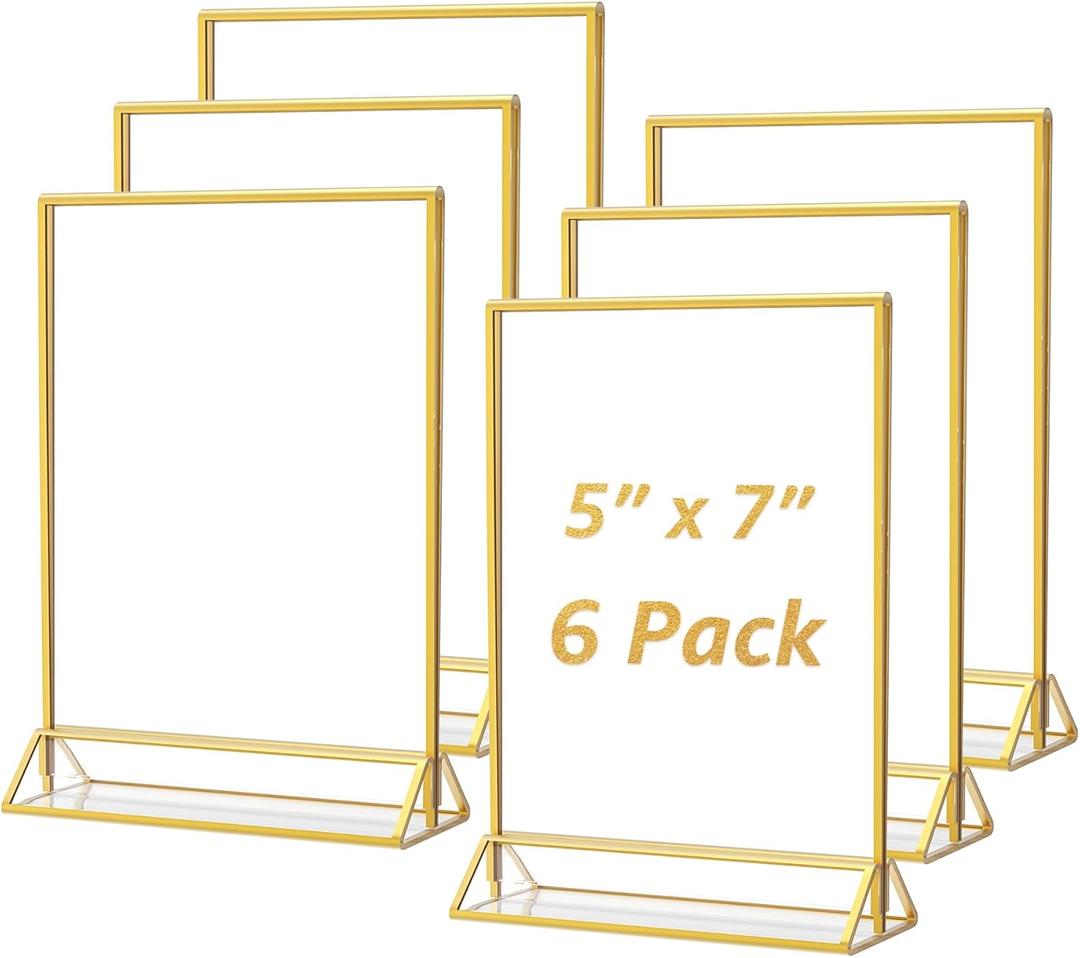 MaxGear 5x7 Gold Acrylic Sign Holder 6 Pack, Gold Table Number Holders, Mini Frames Double Sided Acrylic Picture Frames Photo Stand, Clear Menu Flyer Stand for Wedding, Home, Restaurant