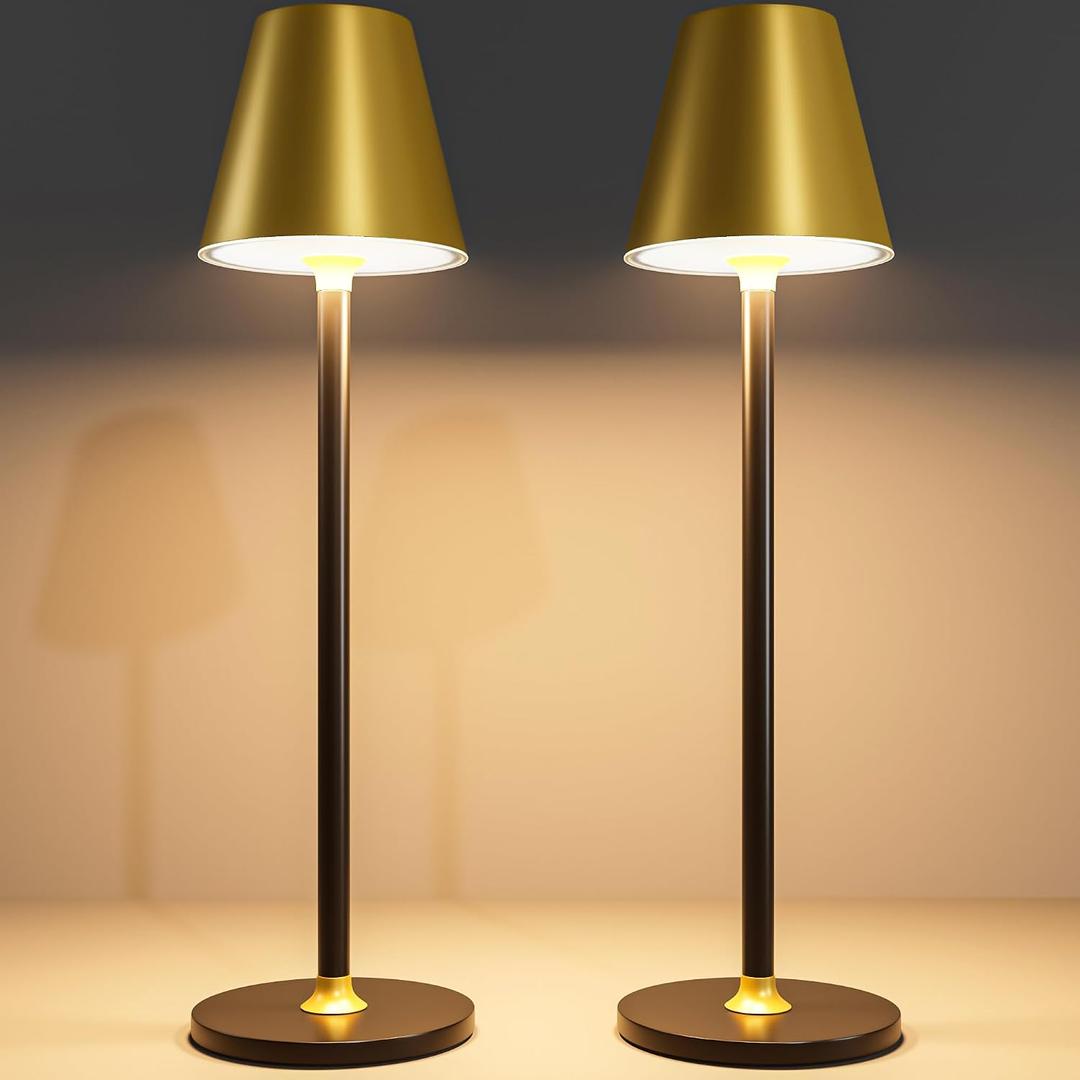 Timjorman 2-Pack Cordless Table Lamps - 5000mAh Rechargeable Battery Operated Desk Lamp, 3-Level Dimmable LED Night Light for Bedroom, Dining, Restaurant - Metal Design(Gold&Black 2-Pack)