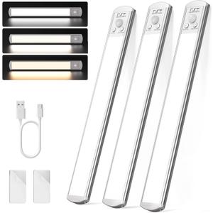 Joyzy 3 Pack Battery Operated Closet Lightings LED Rechargeable Motion Sensor Counter Light Indoor Magnetic Dimmable Above Stove Lights, Wireless Under Cabinet Lights Over Sink Light RV Step Lighitng