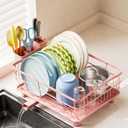 AIDERLY Iron Dish Drying Rack Auto Drain Dish Drainers Kitchen Counter Strainer with Draining Tray, Pink