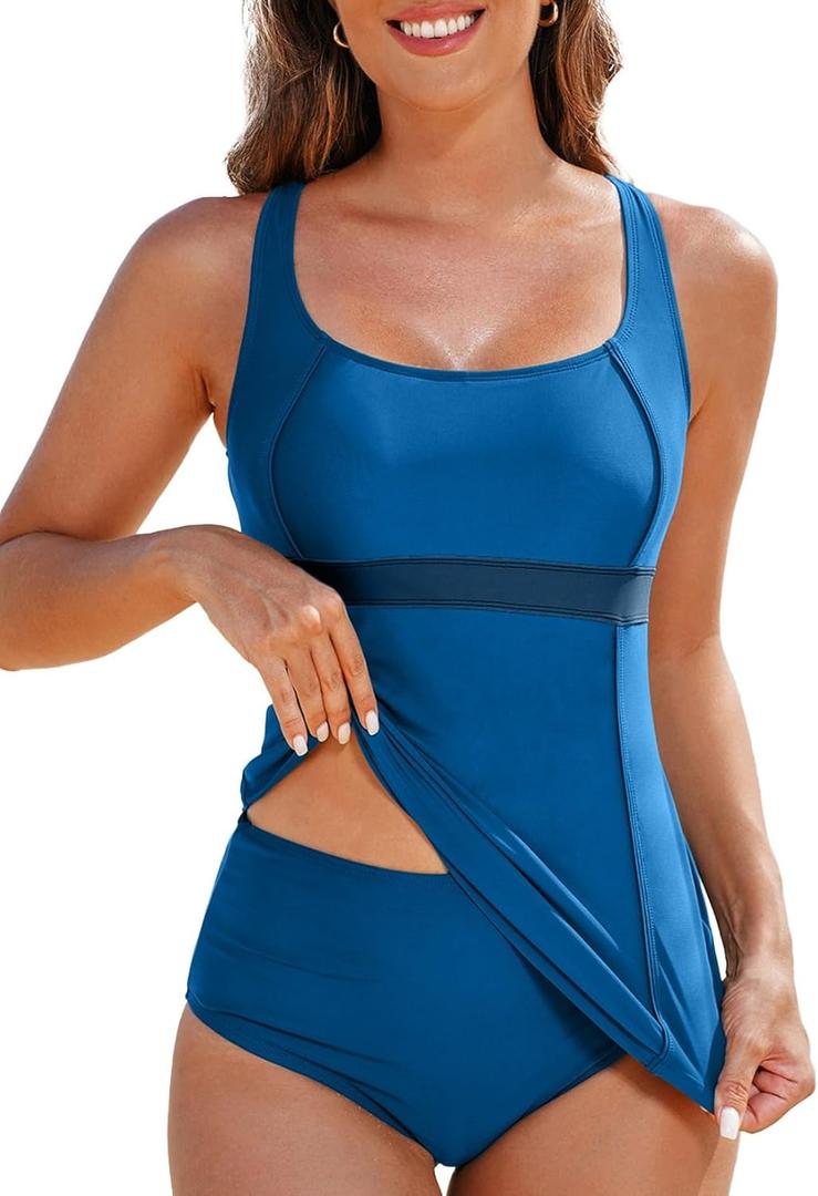 Aleumdr Women's Two Piece Tankini Swimsuits Modest Square Neck Bathing Suits Swim Tank Top with High Waisted Bottom, XXL