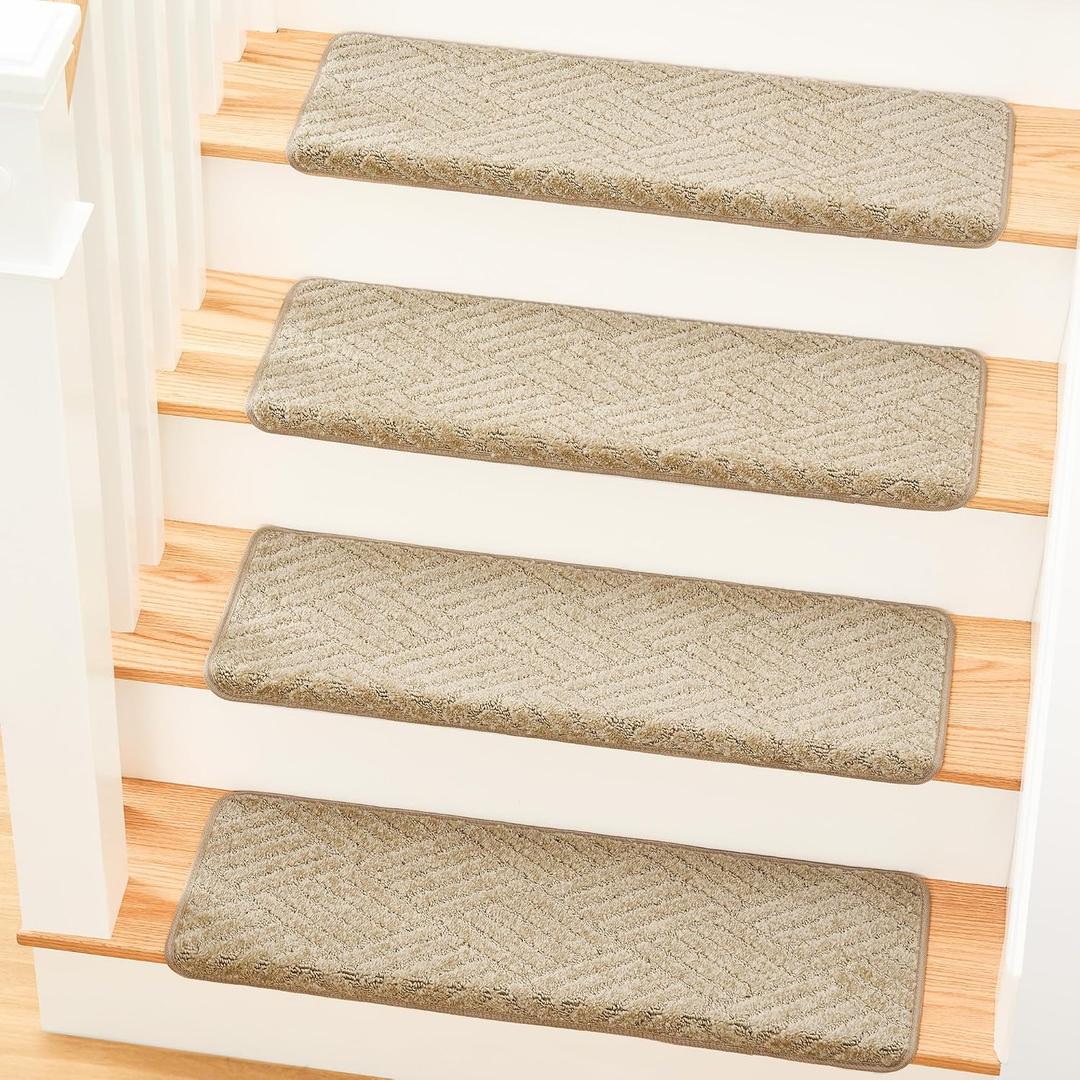 MBIGM Bullnose Non-Slip Stair Treads w/Reusable Adhesive 14 Pack 9.5" x 30" Wooden Steps Protection - TPU Backing with Steel Reinforcement - Anti-Slip Solution Basketweave Beige Non Slip Stair Tread