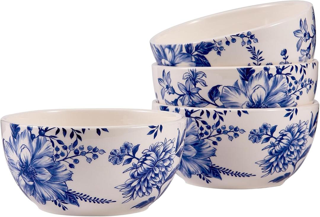 Bico Blue Floral Haven Ceramic Cereal Bowls Set of 4, 26oz, for Pasta, Salad, Cereal, Soup & Microwave & Dishwasher Safe