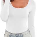 Kindcall Women Long Sleeve Bodysuit Scoop Neck Fitted Slim Basic Soft Shirts (Large, White)