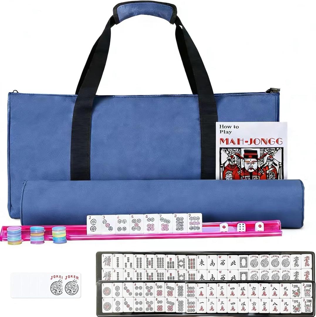 Ploomi American Mahjong Tiles Set, 166 White Tiles, 4 Color Racks & Pushers, Complete Western Mahjong Set with Blue Carrying Bag for Beginners & Experts - Blue