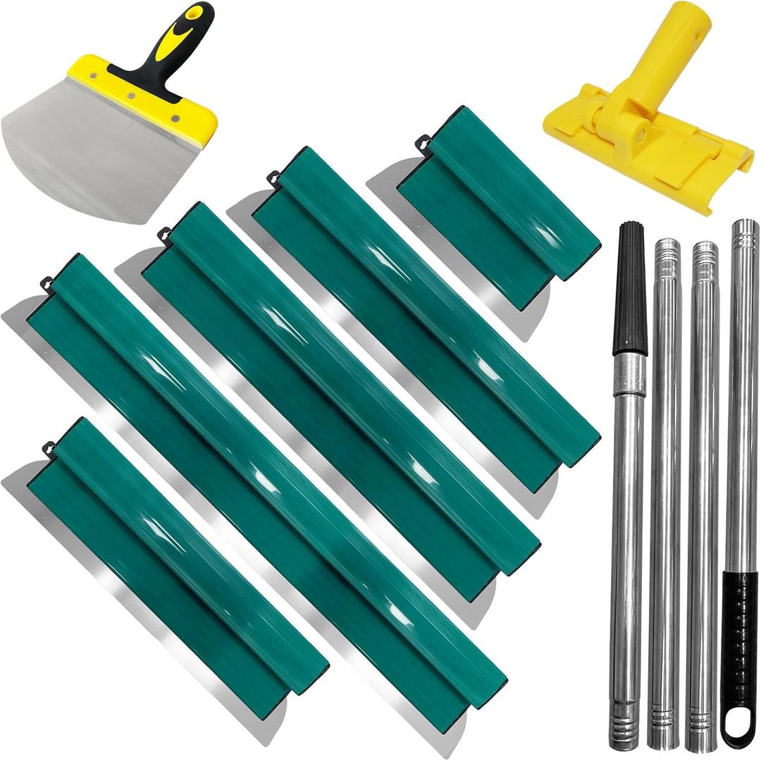 Drywall Skimming Blade Set, Stainless Steel 10",16",24",32&40 Skimming Blades, 32-62 Extension Handle, Arc-Shaped Feeding Shovel, Drywall Finishing Tools for Plasterboard and Wallboard, Green (Green, 8 Pack)