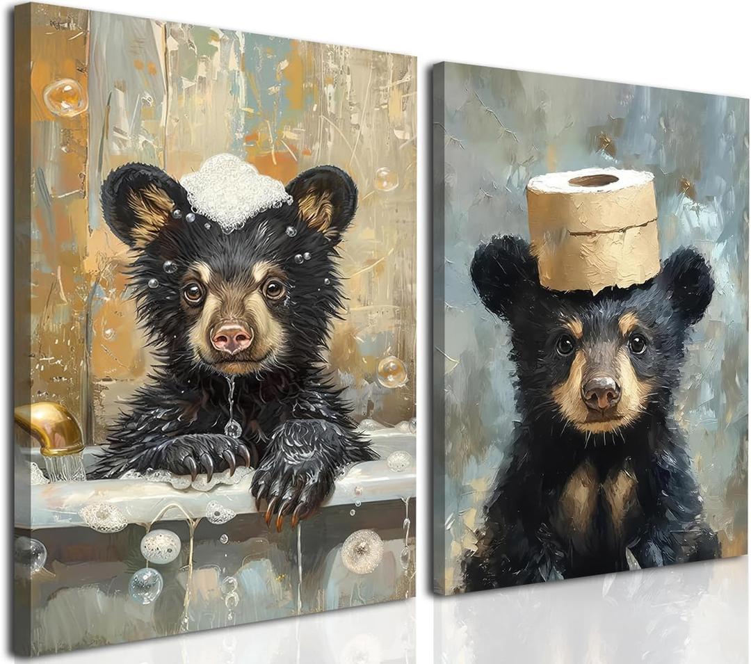 Bear Bathroom Wall Art Set of 2 Funny Animal Pictures Wall Decor Canvas Black Bear Decor Prints Cute Humorous Paintings for Bathroom Restroom Home Decoration 16×24 inch Framed