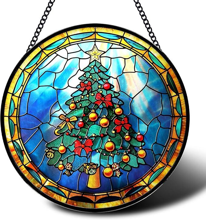 ERMCDFHC Stained Glass Window Hanging, Christmas Tree with Golden Gifts Design Round Sun Catchers Glass Panel Suncatcher Decor for Home, 7.8Inch. (037)