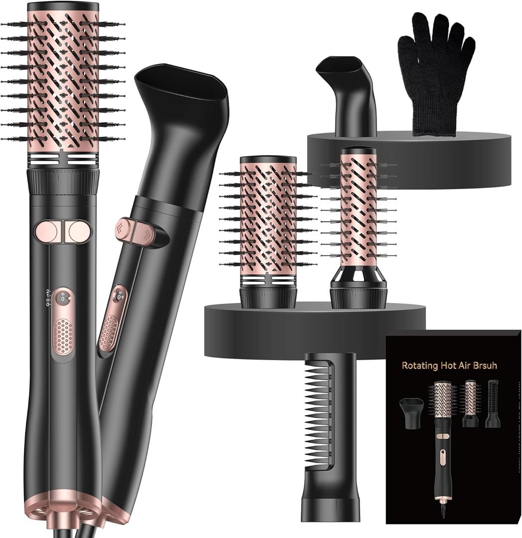4 in 1 Rotating Hair Dryer Brush, Heated Hot Air Styling Blow Dryer Brush Thermal Round Brush Set with Auto Rotating 360 Fast Drying Multi-Temperature Settings Detachable Design
