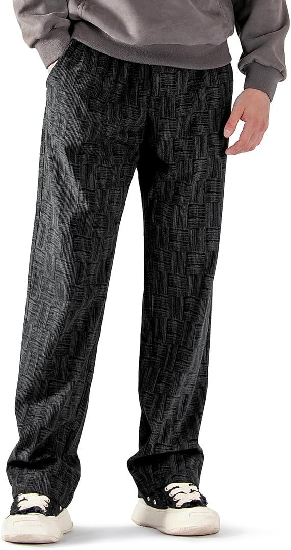 Mens Corduroy Casual Pants Warm Straight Leg Loose Fit with Pockets Drawstring Elastic Waist Vintage Sweatpants Baggy (Medium, Black Marbled Stripe)