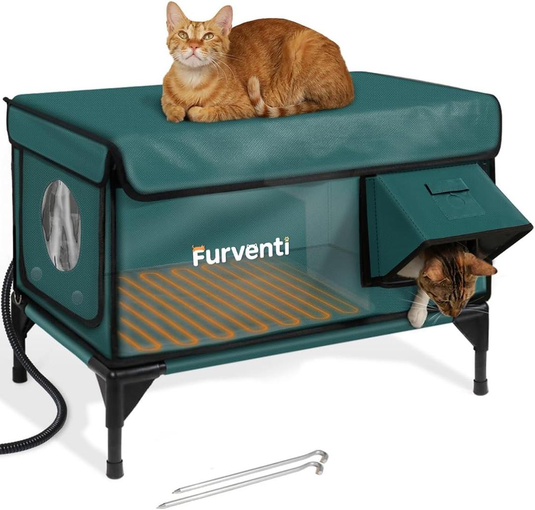 Outdoor Heated Cat House in Winter,Extremely Insulated & Weatherproof,Elevated Feral Cat Shelter with Waterproof Eaves & Escape Door for Outside Stray Barn Cat (Dark Green,L)