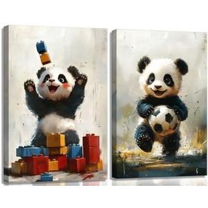 2Pcs Cute Panda Canvas Wall Art Nursery Baby Bear football Wall Decor Pictures Watercolor Animal Sports Painting Kids Room Posters Print for living Children Baby Bedroom Classroom Decoration